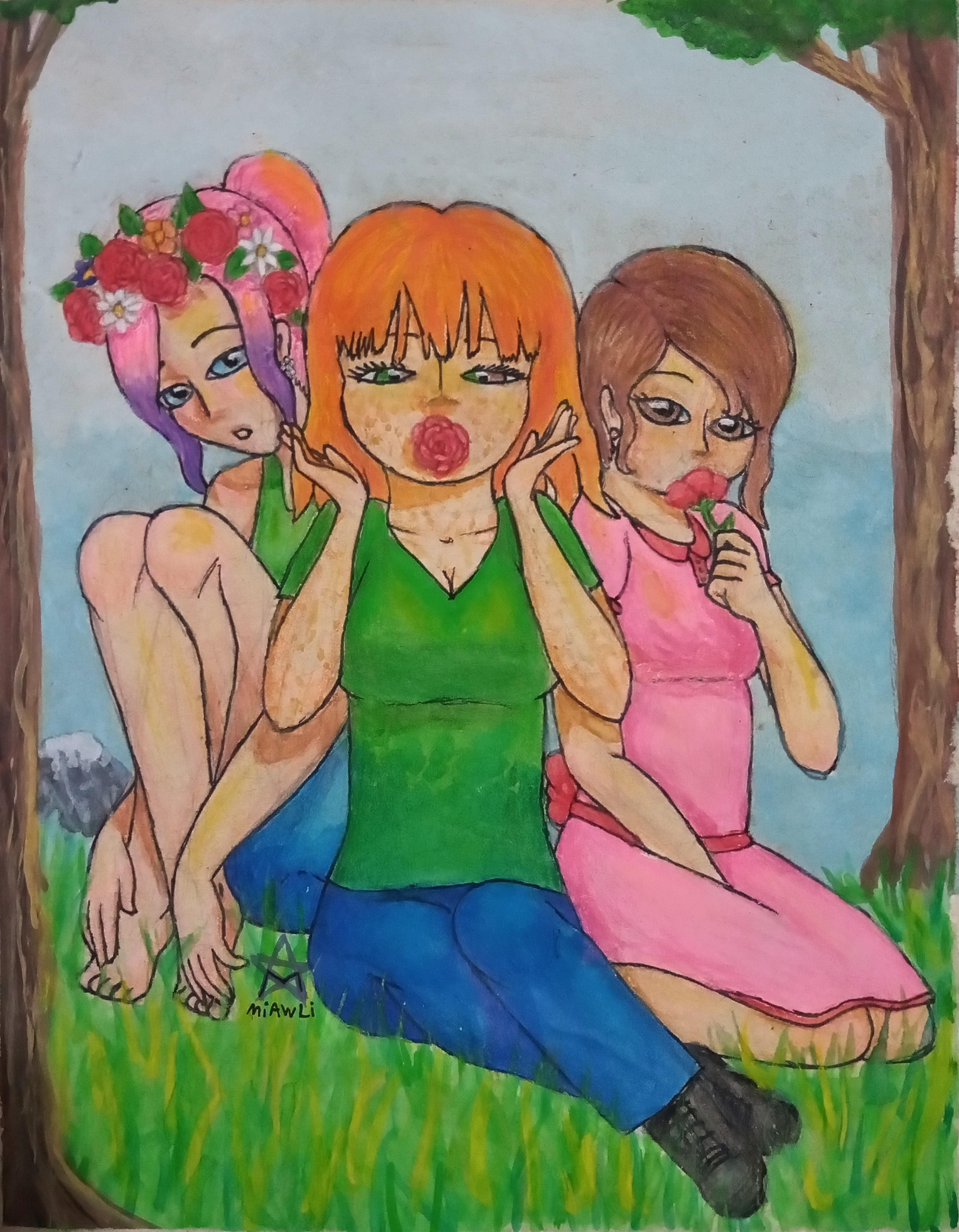Ilustración tradicionalde tres chicas con flores